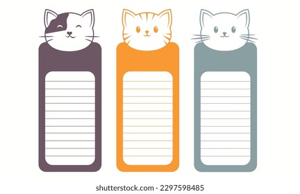 Cats head set. Animal Bookmarks paper sticker collection. Writing cards for taking notes and organizing educational process