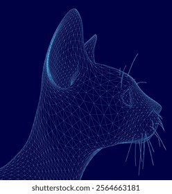 Cat's head is shown in a blue color. The cat's head is made of a mesh of lines and dots