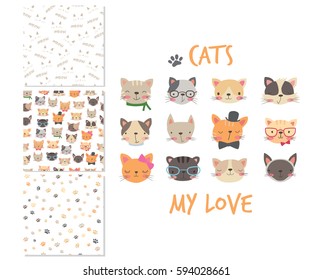 Cats heads. Cartoon surface design and 3 seamless patterns. T-shirt graphic for kid's clothing. Use for print, card, fashion wear