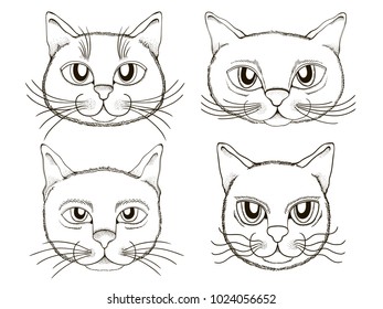 Cats heads emoticons vector set. Coloring book element. Circuit, outline