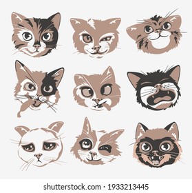 Cats heads faces emoticons vector illustration set