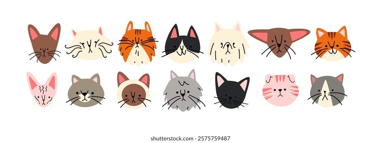 Cats heads in groovy style 90s. Set pets in cartoon funny kittens characters in retro style. Animals icon avatars veterinarian zoo stickers