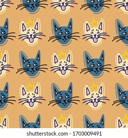Cats heads seamless pattern. Scandinavian design. Cat with a crown on his head. Funny trendy cute pet. Print for fabric, clothing, wrapping paper, etc.