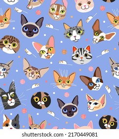 Cats heads seamless patterns on blue background. Flat style illustration for print, card, fashion wear