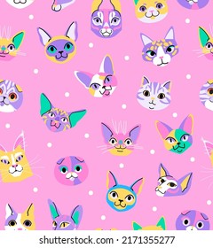 Cats heads seamless patterns on pink background. Neon pet character flat style illustration for print, card, fashion wear