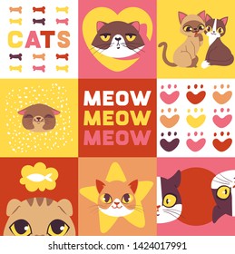 Cats heads vector illustration. Cute animal faces. Funny cartoon characters. Domestic trendy pets. Kitten thinking about fish. Cats in love. Tracks in form of hearts. Meow. For banner and poster.