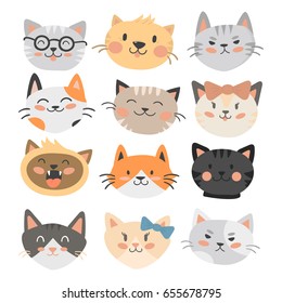 Cats heads vector illustration cute animal funny decorative characters feline domestic trendy pet drawn