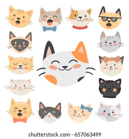 Cats heads vector illustration cute animal funny decorative characters