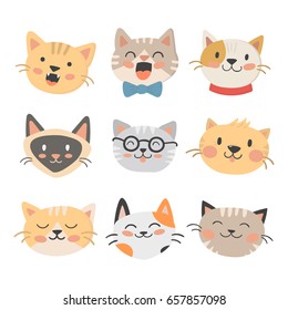 Cats heads vector illustration cute animal funny decorative characters feline domestic trendy pet drawn