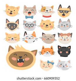 Cats heads vector illustration cute animal funny decorative characters feline domestic trendy pet drawn