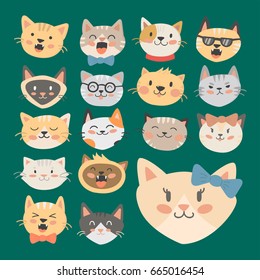 Cats heads vector illustration cute animal funny decorative characters feline domestic trendy pet drawn