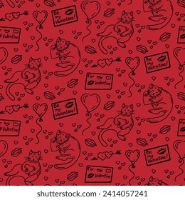 Cats with heart on Valentines day seamless pattern. Vector isolated black elements related to love holiday on red background. Print design for textile, wallpaper St Valentines day concept pattern