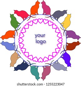 Cats, hearts, inscription "your logo", vector background, concept of veterinary clinic or love for pets