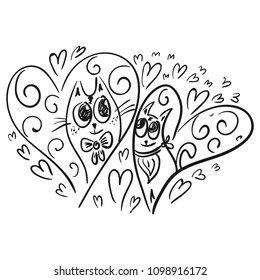 Cats hearts love. Sketch. Vector illustration