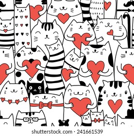 Cats with hearts seamless pattern