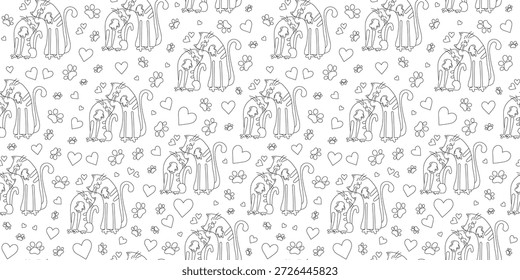 Gatos con corazones. Patrón sin fisuras. Lindas mascotas dibujadas a mano. Dibujo, iconos de línea, bocetos. Diseño de tarjeta de San Valentín. Un par de animales enamorados.