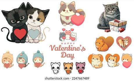 Colección del día de San Valentín de gatos con corazones. Animales románticos, gatitos enamorados de un regalo. Diseño para saludos, tarjeta de invitación. Vector
