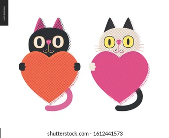 Cats holding a heart - Valentines day graphics. Modern flat vector concept illustration - cute black and white cats holding a heart, a character in love concept.