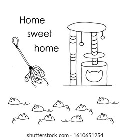 Cats home. Home, sweet home. Cats playing toy. Cats claw-point and little mouse. Hand drawn stock vector illustration. Doodle style isolated on white background.