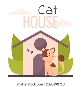 Casa de gatos o refugio. Cuidada ilustración de gato y casa con plantas y letras. Vector de dibujos animados