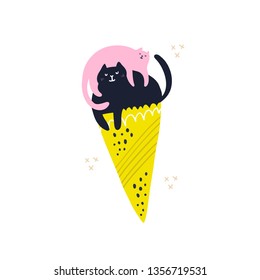 Cats in ice cream cone hand drawn illustration. Gelato in shape of cute pets metaphor. Confectionery, sweet, candy shop sign vector concept. Domestic animals cartoon characters isolated design element
