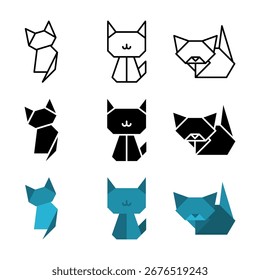 Cats icon set. A set of simple line art illustrations featuring origami cats in various colors. Included are black outlines, solid black figures and blue shaded figure.