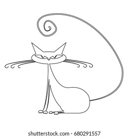 Cat's icon. Silhouette of a sitting cat with a long swirling tail. Vector illustration.