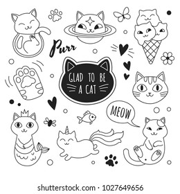 Cats icons collection. Vector illustration of cute funny doodle cats outline icons in different poses and unusual interpretation. isolated on white.