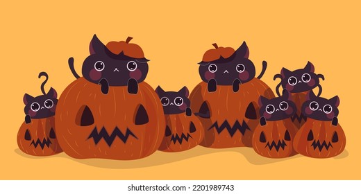 Cats inside Pumpkin shell creative halloween vector illustration cute 