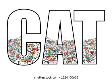 Cats inside word cat illustration line for prints posters and banners t shirts and lettering colored in pastel colors