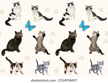 Cats isolated on white background in vector. Seamless animal print for fabric, wallpaper with cats of different breeds and big blue butterflies.