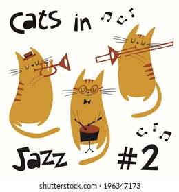 Cats in jazz vector set #2. Illustration of cats playing music. Trombonist, drummer, trumpet player.