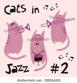 Cats in jazz vector set #2 in purple. Illustration of cats playing music. Trombonist, drummer, trumpet player.