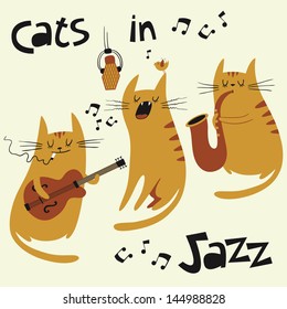 Cats in jazz vector set. Illustration of three cats playing music and singing in retro style.