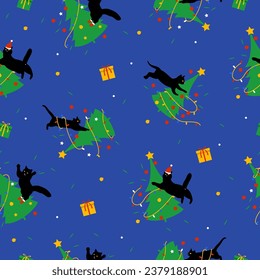 Cats jumping on Christmas trees background. Seamless pattern. Vector illustration