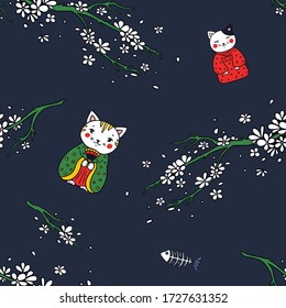 Cats in kimono and sakura blooming seamless pattern.