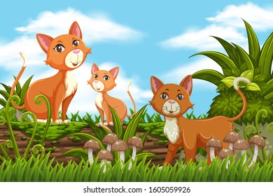 Cats and kitten in nature scene illustration