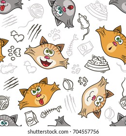 Cats and kittens comic vector seamless pattern. Pets cartoon design