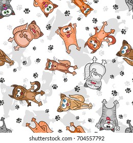 Cats and kittens comic vector seamless pattern. Pets cartoon design