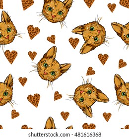 cats kittens cute sketch vector illustration seamless, texture background, cats and hearts background vector, white background