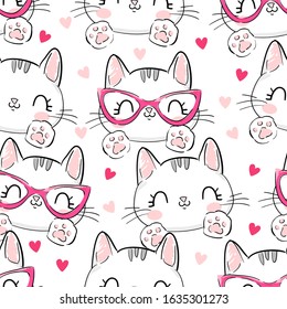 Cats and kittens with glasses background with hearts. Print design for textiles. Seamless vector illustration.