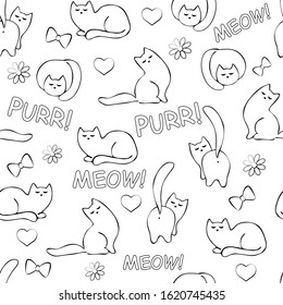 Cats and kittens silhouettes, bows, hearts, flowers on white background, "purr" and "meow" words. Seamless pattern, vector, outline.