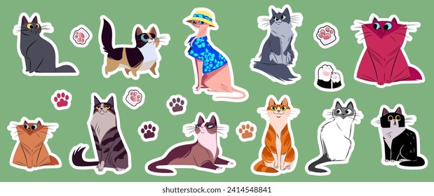 cats, kittens and their paws, set stickers, vector, pet