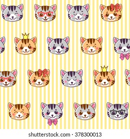 Cats. Kittens. Vector Illustration. Cats seamless pattern. Seamless pattern cute cats for children. Seamless pattern with cute cartoon kittens on a striped background.