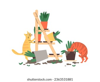 Cats left unattended make a mess and break pots of indoor plants, flat cartoon vector illustration isolated on white background. Naughty pets home alone.