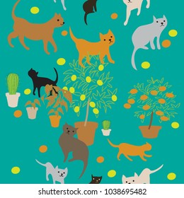 cats with lemons and mandarins seamless vector pattern