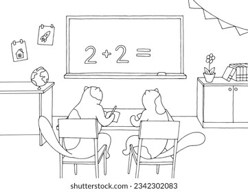 Cats at the lesson at school graphic black white interior sketch illustration vector