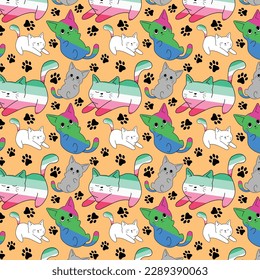 Cats LGBT Seamless Pattern, Vector Polysexual Pride Background, Cat Black Paws, Abrosexual Flag Color Pattern, Pride Month Texture