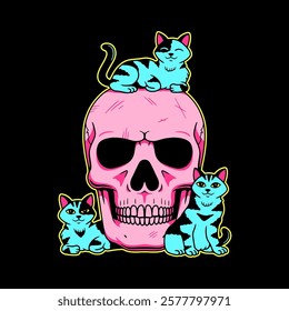 CATS LIE NEXT TO THE SKULL COLOR BLACK BACKGROUND