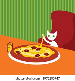 Cats life. The cartoon white cat is going to taste a great pizza. Vector image for prints, poster and illustrations.
